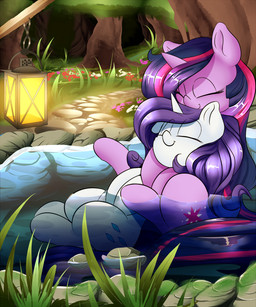 cutie_mark day detailed_background duo eyes_closed female feral flower fur grass hair hooves horn lamp lantern outside partially_submerged plant purple_hair smile water white_body white_fur madacon friendship_is_magic hasbro my_little_pony mythology rarity_(mlp) twilight_sparkle_(mlp) equid equine mammal mythological_creature mythological_equine unicorn 5:6 hi_res