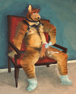 anthro bdsm body_hair bondage bound brown_body brown_fur chest_hair clothing collar facial_hair footwear fur genitals happy_trail male penis pubes sex_toy socks solo stripes vibrator wand_vibrator wolpington canid canine mammal absurd_res hi_res oil_painting_(artwork) painting_(artwork) traditional_media_(artwork) traditional_painting_(artwork)