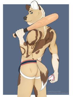 anthro ball baseball_(ball) baseball_bat baseball_bat_over_shoulder bat_(object) clothed clothing jockstrap jockstrap_only male male_anthro simple_background solo standing topless underwear underwear_only wilczeu ethan_hunter african_wild_dog canid canine mammal 2017 3:4 dated