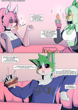 anthro big_breasts black_sclera blue_eyes blush breasts burger clothed clothed_anthro clothed_female clothed_male clothing cosplay dark_sclera dialogue eating female food fur green_body green_fur group hair holding_food holding_object long_hair male male/female multicolored_body multicolored_fur pink_body pink_fur pink_hair simple_background text trio two_tone_body two_tone_fur white_body white_fur lizzard_sama nintendo pokemon daisy_(katson) lily_(katson) shadow_(katson) domestic_cat felid feline felis generation_9_pokemon mammal pokemon_(species) sprigatito 2026 absurd_res comic english_text hi_res url brother_(lore) brother_and_sister_(lore) cousins_(lore) sibling_(lore) sister_(lore)