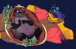 anthro belly big_belly clothing duo eyewear glasses hat headgear headwear inside_stomach internal lying male male/male male_pred male_prey on_side relaxing rumbling_stomach sleeping sound_effects squirming text vore vowelless vowelless_sound_effect zzz wildside anatid anseriform avian bird duck mammal procyonid raccoon 2024 english_text