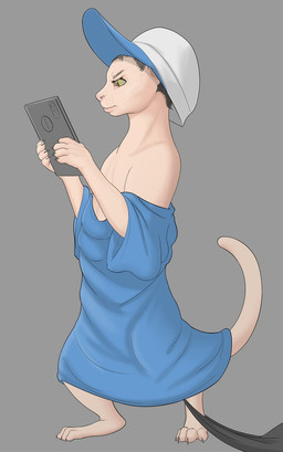 clothing demi_transformation grey_background hair hairless_tail hat headgear headwear holding_object holding_tablet light_body light_skin male mid_transformation shirt short_hair shrinking side_view simple_background size_transformation solo species_transformation topwear transformation krazyivan domestic_cat felid feline felis human mammal 2019 hi_res