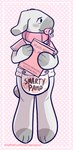 ageplay ambiguous_gender anthro blush book clean_diaper clothed clothing collar diaper diaper_tape embarrassed holding_object infantilism math_book mouth_closed object_in_mouth pacifier pacifier_in_mouth paws pink_clothing pink_collar pink_pacifier pink_shirt pink_topwear roleplay shirt simple_background solo tail text text_on_book text_on_diaper topwear wearing_diaper wiprogress sockpuppy_(wiprogress) animate_inanimate canid canine canis mammal sockpuppy hi_res