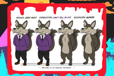 1980s_theme accessory_only anthro black_nose blood bodily_fluids bright_colors casual_nudity cheek_tuft chest_tuft clothing coat ear_clip eyewear facial_tuft fangs freckles fur fuzzy glasses green_eyes grey_body grey_fur hands_behind_back head_tuft horror_(theme) humor long_tail male no_genitals nude pockets purple_clothing purple_coat purple_topwear quote smile solo suit_jacket tail teeth topwear tuft tyler_grimm_(the_party_animals) alystairphantem the_party_animals canid canine canis mammal wolf absurd_res hi_res model_sheet