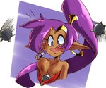 areola blue_eyes breasts brown_body brown_skin ear_piercing ear_ring female hair humanoid_pointy_ears long_hair motion_lines nipples not_furry open_mouth piercing pointy_ears ponytail purple_hair ring_piercing simple_background solo surprised_expression theprincesskari shantae_(series) wayforward shantae genie humanoid 2023 6:5