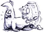 anthro anthro_on_anthro duo looking_up male male/male what unknown_artist nickelodeon spongebob_squarepants patrick_star spongebob_squarepants_(character) asterozoan echinoderm marine sea_sponge starfish black_and_white concept_art low_res monochrome official_art sketch