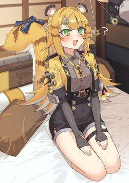 animal_ears bare_legs belt black_bottomwear black_clothing black_shorts blonde_hair blush bodily_fluids bottomwear clothed clothing collared_shirt dress_shirt female fluffy_ears green_eyes grey_dress_shirt hair hypnosis jacket kneeling long_hair markings mind_control open_clothing open_jacket open_mouth open_topwear pillow raised_tail ribbon_tail seiza shirt shorts sitting spiral spiral_eyes striped_hair striped_markings striped_tail stripes sweat tail tail_markings topwear two_tone_tail white_hair yellow_clothing yellow_jacket_(clothing) yellow_topwear guruten3347 mihoyo zenless_zone_zero ju_fufu animal_humanoid felid felid_humanoid humanoid mammal mammal_humanoid pantherine pantherine_humanoid thiren tiger_humanoid hi_res