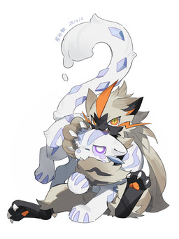 ambiguous_gender anthro bodily_fluids claws duo fangs feral fur looking_at_viewer open_mouth pawpads paws purple_eyes simple_background sitting tail tan_body tan_fur tears teeth white_body white_fur yellow_eyes lanjiujiu nintendo pokemon fan_character chien-pao felid feline generation_7_pokemon generation_9_pokemon legendary_pokemon mammal pokemon_(species) zeraora 2025 3:4 absurd_res dated hi_res signature female_(lore)