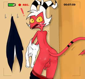 anus being_watched blush bodily_fluids bottomwear bottomwear_down briefs butt camera_view clothed clothing fitting_room looking_at_another male mostly_nude pants pants_down partially_clothed peeping perineum recording solo surprised sweat underwear underwear_down undressing voyeur illegaleel hellaverse helluva_boss moxxie_(helluva_boss) humanoid imp absurd_res hi_res