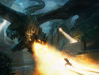 ambiguous_gender architecture attack breath_powers city cityscape claws elemental_manipulation feral fire fire_breathing fire_manipulation glowing group male membrane_(anatomy) membranous_wings night outside scales size_difference solo_focus tail wings marc_simonetti hasbro magic:_the_gathering mythology wizards_of_the_coast dragon human mammal mythological_creature mythological_scalie scalie better_version_at_source digital_media_(artwork) official_art