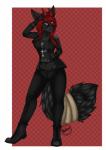 anthro biped clothed clothing collar female hair horn looking_at_viewer navel red_hair simple_background solo standing magic_(artist) felid hybrid mammal hi_res