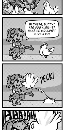 2_toes 4_panel_comic armband attack avian_caruncle beak bent_legs bodily_fluids boots bottomwear breasts clothed clothed_female clothed_human clothed_male clothing comb_(anatomy) crouching dewlap_(anatomy) dialogue earpiece exclamation_point feathers feet female female_feral female_human feral folded_wings footwear frown fully_clothed fully_clothed_female fully_clothed_human furrowed_eyebrows gloves grey_body grey_boots grey_bottomwear grey_clothing grey_footwear grey_gloves grey_hair grey_handwear grey_pants grey_skin grey_tongue group hair handwear head_crest jumping male male_human name_in_dialogue open_frown open_mouth open_smile outside pants pecking ponytail sharp_teeth shirt shoes short_hair smile speech_bubble sweat tail tank_top teeth text title toes tongue topwear trio wattle white_beak white_body white_clothing white_feathers white_shirt white_tail white_tank_top white_topwear white_wings wings yelling yelling_at_another jmanvelez capcom jill_sandwich_(comic) resident_evil chris_redfield sheva_alomar avian bird chicken galliform human mammal phasianid 2011 comic dated digital_media_(artwork) english_description english_text greyscale monochrome
