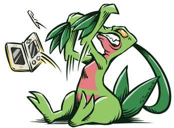 ambiguous_gender angry anthro clenched_teeth green_body leaf leaf_hair leaf_tail multicolored_body plant plant_hair pseudo_hair red_body semi-anthro sitting solo tail teeth two_tone_body taritoons nintendo nintendo_ds nintendo_ds_family pokemon generation_3_pokemon grovyle pokemon_(species) low_res