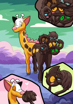 after_transformation antlers blue_sclera blush blush_lines brown_body brown_fur brown_sclera cloud fur grass green_sclera heart_reaction heart_symbol horn implied_transformation kissing living_tail markings merging orange_sclera plant sky solo spikes spikes_(anatomy) spots spotted_body spotted_fur tail tail_head transformation unusual_anatomy unusual_tail upside_down_transformation yellow_body yellow_fur trevor-fox nintendo pokemon kyp_(character) trevor-fox_(character) generation_2_pokemon girafarig pokemon_(species) hi_res