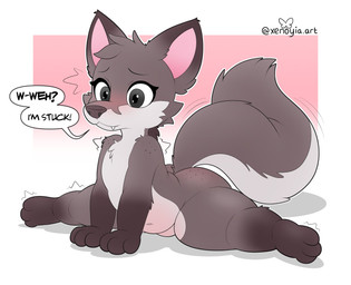 ambiguous_anthro ambiguous_gender anthro belly brown_body brown_fur butt countershade_face countershade_tail countershade_torso countershading dipstick_ears ear_markings emanata eyebrows fangs flexible freckled_butt freckled_shoulders freckles fur gloves_(marking) leg_markings markings mouth_closed multicolored_ears navel raised_inner_eyebrows socks_(marking) solo speech_bubble splits spread_legs spreading stuck tail talking_to_self teeth text xenoyia canid canine fox mammal colored english_text hi_res