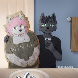 anthro cardboard cardboard_cutout fur grey_body grey_fur male mirror mirror_selfie selfie solo tongue tongue_out mapcejljlka google google_pixel mau_makan_apa belka_(belkaboi) exoworo canid canine fox grey_fox mammal urocyon 1:1 absurd_res hi_res