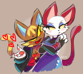 anthro blue_eyeshadow breasts cleavage clothed clothing crossed_arms dress duo eye_contact eyeshadow fangs female hand_on_shoulder heart_symbol jacket looking_at_another makeup markings mole_(marking) open_mouth open_smile red_ears red_tail simple_background smile tail tan_background teeth topwear yellow_sclera pypixy animal_crossing nintendo katt_(animal_crossing) olivia_(animal_crossing) domestic_cat felid feline felis mammal 2020 digital_media_(artwork) digital_painting_(artwork) painting_(artwork)