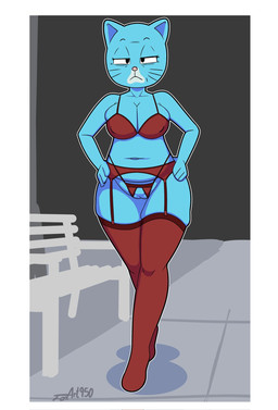 4_fingers anthro arms_bent bare_shoulders bench big_breasts big_eyes big_nipples biped black_eyebrows black_eyes black_markings blue_body blue_breasts blue_ears blue_fur border bra breasts bulging_breasts clothed clothed_anthro clothed_female clothing collarbone countershade_face countershade_fur countershading crotch_cutout curved_eyebrows cutout elderly elderly_anthro elderly_female exhibitionism eyebrows eyelashes female fingers fur garter_belt garter_straps genitals half-closed_eyes hands_on_hips hands_on_own_hips humanoid_hands innie_vulva iris legwear light_body light_fur lingerie looking_at_viewer markings mature_anthro mature_female mouth_closed narrowed_eyes navel nipple_outline nipples no_pupils outline outside pink_nose plantigrade pointy_ears prick_ears public public_exposure red_bra red_clothing red_legwear red_lingerie red_stockings red_underwear resting_bitch_face shadow sketch_background solo stockings text thick_thighs thin_eyebrows three-quarter_view underwear vulva walking whisker_markings white_body white_border white_countershading white_fur white_outline white_sclera foxart950 cartoon_network the_amazing_world_of_gumball mary_senicourt domestic_cat felid feline felis mammal 2025 artist_name digital_drawing_(artwork) digital_media_(artwork) full-length_portrait hi_res portrait sketch