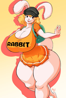 anthro backpack big_breasts blonde_hair breasts cleavage clothed clothing dress female hair hat headgear headwear huge_breasts micro_dress nipple_outline open_mouth open_smile orange_clothing orange_dress pink_nose short_hair smile solo text thick_thighs jaeh one_piece carrot_(one_piece) lagomorph leporid mammal minkmen_(one_piece) rabbit 2017 english_text hi_res