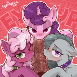 animal_ears animal_genitalia animal_penis bedroom_eyes equine_genitalia equine_penis eyelashes female feral genitals green_eyes grey_body grey_hair group hair heart_symbol licking looking_at_viewer male male/female multicolored_hair narrowed_eyes oral penile penis penis_lick pink_hair pupils purple_body purple_eyes purple_hair quadruped seductive sex simple_background tongue aer0_zer0 friendship_is_magic hasbro my_little_pony cheerilee_(mlp) marble_pie_(mlp) sugar_belle_(mlp) equid equine mammal absurd_res hi_res