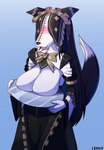 absurd_res anthro big_breasts blush breasts canid canine canis cleavage clothed clothing covered_eyes dipstick_tail domestic_dog dress female fur headdress hi_res maid_uniform mammal markings open_mouth overlord_(series) pestonya_shortcake_wanko solo tail tail_markings uniform vinael white_body white_fur