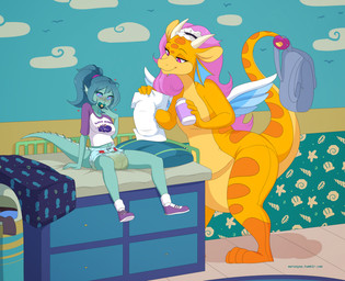 baby_powder blue_body blue_diaper blue_hair blush bodily_fluids changing_table clothed clothing detailed_background diaper diaper_change embarrassed featureless_crotch footwear genital_fluids hair holding_backpack holding_diaper hypnosis looking_at_diaper mind_control object_in_mouth pacifier pacifier_in_mouth pouch_(anatomy) ringed_eyes shoes socks split_form tail text touching_diaper trash_can unclean_diaper urine used_diaper wearing_diaper wet_diaper wings yellow_body merunyaa mythology dragon marine merfolk mythological_creature mythological_scalie scalie english_text hi_res