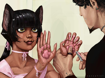 anthro bell black_hair choker duo ear_piercing ear_ring female hair jewelry male male/female nail_clipper necklace pawpads piercing ponytail ring_piercing tattoo yellow_eyes zarzaliel animal_humanoid cat_humanoid felid felid_humanoid feline feline_humanoid human humanoid mammal mammal_humanoid hi_res