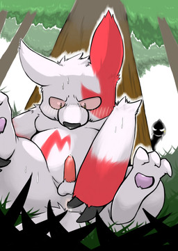 anal anal_fingering anal_masturbation anus balls bodily_fluids claws cum erection fingering fingering_self fur genital_fluids genitals male markings masturbation outside penis plant red_markings slightly_chubby solo tree white_body white_fur wood gure nintendo pokemon generation_3_pokemon pokemon_(species) zangoose 2012 character_request