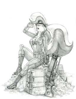 anthro boots bra breasts canteen cleavage clothed clothing eyebrows eyes_closed eyewear eyewear_on_head female footwear goggles goggles_on_head hair high_heeled_boots high_heels laser_gun long_hair open_clothing open_mouth pip-boy pouring pouring_onto_self ranged_weapon shoes sitting solo underwear vault_suit water weapon baron_engel fallout microsoft rosemary_parker_(character) mammal mephitid skunk 2021 graphite_(artwork) greyscale hi_res monochrome traditional_media_(artwork)
