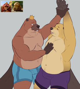 anthro belly bottomwear boxers_(clothing) buckteeth bulge clothed clothing crown duo grey_background headgear male male/male male_anthro simple_background tail teeth topless topless_anthro topless_male underwear whiskers fum4ca1 disney hoppers_(disney) pixar king_george_(hoppers) loaf_(hoppers) beaver mammal rodent hi_res