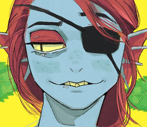 anthro blue_body blue_skin close-up ear_fins eye_patch eyeshadow eyewear female fin freckled_face freckles hair long_hair looking_aside makeup pupils red_hair sharp_teeth simple_background slit_pupils smile solo teeth yellow_sclera ratpower undertale_(series) undyne aquatic fish digital_drawing_(artwork) digital_media_(artwork) portrait