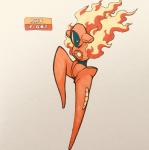 2018 alien ambiguous_gender armless biped black_sclera blue_body deoxys english_text featureless_crotch featureless_feet feet fighting_pose fire firefightdex front_view full-length_portrait generation_3_pokemon hi_res humanoid legendary_pokemon looking_away marco_fanjul marker_(artwork) mixed_media multicolored_body nintendo normal_forme_deoxys not_furry nude on_one_leg orange_body pen_(artwork) pokemon pokemon_(species) portrait pose raised_leg shadow simple_background solo standing text toony traditional_media_(artwork) white_background yellow_body