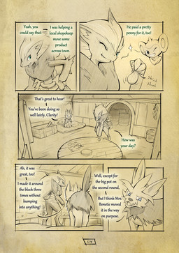 anthro bed biped claws cloud dialogue fangs feral finger_claws fur furniture green_eyes hair inside long_hair motion_lines one_eye_closed open_mouth quadruped tail tail_motion tailwag teeth text wink truescorn nintendo pokemon pokemon_mystery_dungeon shadows_for_hire spike_chunsoft clarity_(truescorn) snuff_(truescorn) generation_5_pokemon herdier pokemon_(species) zoroark 2025 comic english_text hi_res
