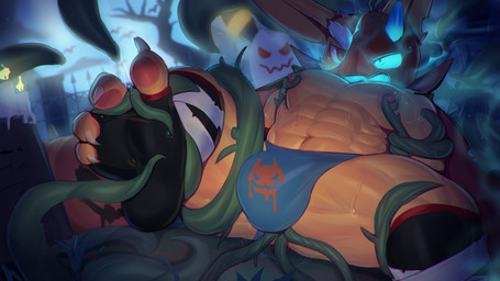 abs ambiguous_gender anal anal_penetration anthro biped bodily_fluids bottomwear bulge candle claws clothing detailed_background duo feet food foot_grab for_a_head fruit glowing glowing_eyes glowing_mouth horn leg_grab long_ears lying male male/ambiguous male_focus muscular muscular_anthro muscular_male nipple_fetish nipple_grab nipple_play open_mouth pecs penetration plant plant_tentacles pumpkin pumpkin_head sex solo_focus sweat tentacle_sex tentacles tentacles_everywhere toe_claws tombstone transformation cydonia_xia xia_(cydonia_xia) canid canine elemental_creature fennec_fox flora_fauna food_creature fox ghost living_fruit mammal object_head spirit true_fox 16:9 absurd_res digital_media_(artwork) hi_res widescreen
