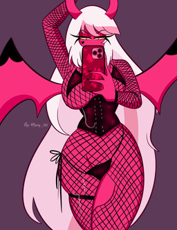 back_wings big_breasts bikini bikini_thong breasts cellphone chain_jewelry clothed clothed_female clothed_humanoid clothing corset electronics eyelashes female fishnet_clothing hair heart_(marking) holding_cellphone holding_object holding_phone holding_smartphone horn legband legs_together lingerie long_eyelashes long_hair markings membrane_(anatomy) membranous_wings mirror mirror_selfie phone pink_body pink_eyes pink_skin pupils purple_background selfie simple_background skimpy slit_pupils small_waist smartphone solo swimwear thighband topwear two-piece_swimsuit white_hair wide_hips wings yellow_sclera jeny_312 hellaverse helluva_boss verosika_mayday demon humanoid succubus 2025 hi_res