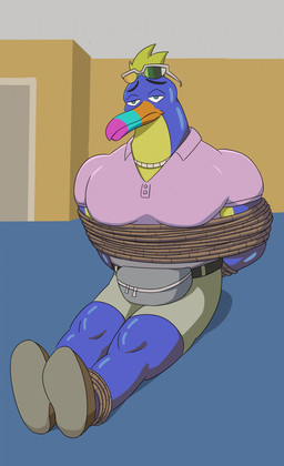 ankles_tied anthro bdsm beak belt belt_pouch biped black_belt black_eyebrows blonde_hair blue_beak blue_body blue_eyes blue_feathers blue_floor bondage bottomwear bound brown_clothing brown_footwear brown_shoes clothed clothed_anthro clothed_male clothing collared_shirt curved_eyebrows door eyebrows eyewear eyewear_on_head feathers floor footwear fully_clothed fully_clothed_anthro fully_clothed_male glistening glistening_body glistening_clothing glistening_feathers glistening_knees glistening_legs glistening_neck glistening_polo_shirt glistening_shirt glistening_topwear grey_bottomwear grey_clothing grey_pants hair half-closed_eyes hands_behind_back inside internal_wall iris jewelry legs_together light_body light_feathers light_hair looking_at_viewer male moobs multicolored_beak multicolored_body multicolored_feathers muscular muscular_anthro muscular_male narrowed_eyes necklace no_pupils orange_beak pants pink_beak pink_clothing pink_polo_shirt pink_shirt pink_topwear plantigrade polo_shirt restraints rope rope_bondage shadow shirt shoes short_hair sitting sitting_on_ground solo sunglasses sunglasses_on_head thick_neck three-quarter_view topwear two_tone_body two_tone_feathers wall_(structure) wearing_sunglasses white_eyewear white_sclera white_sunglasses yellow_body yellow_feathers yellow_wall anterdragon cartoon_network the_amazing_world_of_gumball johnny_toucan avian bird toucan 2026 absurd_res digital_drawing_(artwork) digital_media_(artwork) hi_res