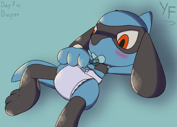 ageplay ambiguous_gender anthro blue_body blush clean_diaper clothing diaper infantilism looking_down orange_eyes pacifier red_eyes roleplay shadow simple_background solo text young young_anthro fates kinktober nintendo pokemon canid generation_4_pokemon mammal pokemon_(species) riolu 2023 digital_media_(artwork) signature