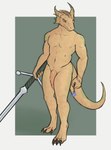 anthro flaccid genitals green_eyes holding_object holding_weapon horn jewelry looking_away male melee_weapon necklace nude penis simple_background solo standing sword weapon daf dungeons_and_dragons hasbro wizards_of_the_coast dragonborn_(dnd) hi_res