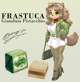accessory anthro belt big_breasts breasts candy chocolate clothed clothing dessert dress female food fur green_eyes hair headband looking_at_viewer scarf simple_background smile solo tail tan_body text blasticussaturn frastuca_(blasticussaturn) canid canine canis domestic_dog mammal 2025 digital_media_(artwork) hi_res signature