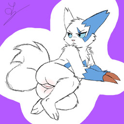 2_claws anthro arm_tuft azure_eyes biped blue_body blue_fur blue_sclera butt claws featureless_chest feet female flat_chested fluffy fluffy_tail fur genitals looking_aside looking_at_another looking_at_viewer lying mouth_closed nude on_side purple_background shoulder_tuft simple_background solo tail toes tuft vulva white_body white_fur rukakitsune game_freak nintendo pokemon generation_3_pokemon mammal pokemon_(species) shiny_pokemon zangoose 1:1 2026 absurd_res digital_drawing_(artwork) digital_media_(artwork) flat_colors hi_res signature