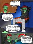 3:4 alligator alligatorid anthro bottomwear clothed clothing comic crocodilian dialogue diego_abel english_text footwear fully_clothed fuze gaming_chair hands_behind_head hi_res hoodie male pants reptile scalie sitting socks solo texnatsu text topwear