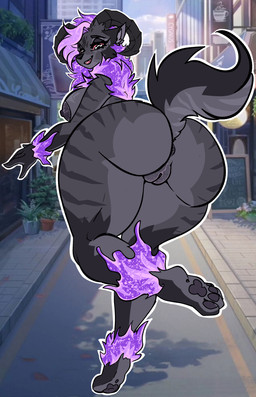 anthro anus big_breasts big_butt breasts butt city detailed_fur erect_nipples eyelashes female fire fluffy fluffy_tail fur fur_markings genitals horn inner_ear_fluff inner_labia looking_at_viewer looking_back mane markings nipples nude open_mouth pawpads plump_labia pose rear_view running seductive solo striped_body striped_markings stripes tail thick_thighs tuft vulva wide_hips james_andromeda mythology canid canid_demon canine demon hellhound mammal mythological_canine mythological_creature absurd_res detailed hi_res pinup