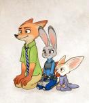 anthro clothed clothing duo female fully_clothed fur male orange_body orange_fur mortic_ox disney zootopia finnick_(zootopia) judy_hopps nick_wilde canid canine fennec_fox fox lagomorph leporid mammal rabbit red_fox true_fox 2018