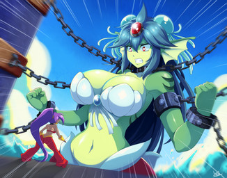 angry bound breasts chain cleavage clothed clothing cloud day duo ear_piercing ear_ring female hair humanoid_pointy_ears larger_female long_hair macro navel piercing pointy_ears ponytail purple_hair red_eyes ring_piercing size_difference smaller_female split_form water jmg shantae_(series) wayforward giga_mermaid shantae aquatic genie humanoid merfolk 2017 hi_res signature