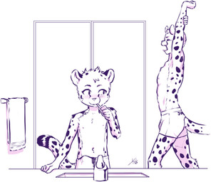 anthro blush brush brushing brushing_teeth clothed clothing duo erection eyebrows male tail topless topless_anthro topless_male underwear underwear_only young young_anthro young_male aogami spots_(spotthecat) cheetah felid feline mammal hi_res monochrome father_(lore) father_and_child_(lore) father_and_son_(lore) parent_(lore) parent_and_child_(lore) parent_and_son_(lore) son_(lore)