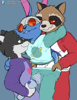 abdl anthro armor clothing diaper group headgear helmet male male/male pajama_pants pajama_shirt pajamas red_eyes sex sex_toy trio vibrator wand_vibrator kuuneho guardians_of_the_galaxy marvel blackjack_o'hare meti_geer_(luci_j) rocket_raccoon alien felid feline lagomorph mammal procyonid raccoon absurd_res hi_res