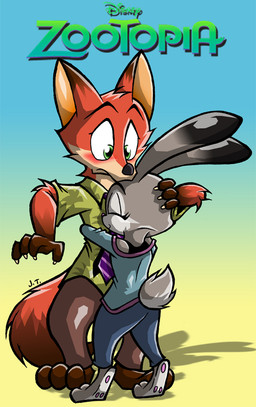 anthro bottomwear clothing collared_shirt dress_shirt duo eyes_closed female fur green_eyes grey_body grey_fur hug long_sleeve_shirt long_sleeves male multicolored_body multicolored_fur necktie orange_body orange_fur pants shirt text topwear two_tone_body jonathantaniuchi disney zootopia judy_hopps nick_wilde canid canine fox lagomorph leporid mammal rabbit 2015 digital_media_(artwork) english_text