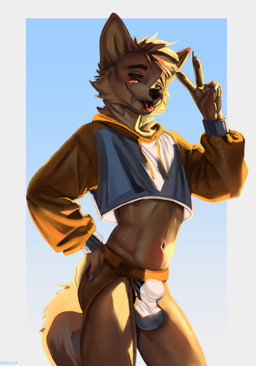 anthro blush bottomwear brown_body brown_fur brown_hair bulge claws clothed clothing crop_top cropped_hoodie detailed_bulge drawstring facial_tuft fur gesture hair hand_gesture hoodie jockstrap looking_at_viewer male midriff navel open_mouth pose shirt shorts simple_background smile solo standing tail tan_body tan_fur teeth tongue tongue_out topwear tuft underwear v_sign yellow_eyes milajanh canid canine fox mammal 2025 absurd_res digital_media_(artwork) hi_res