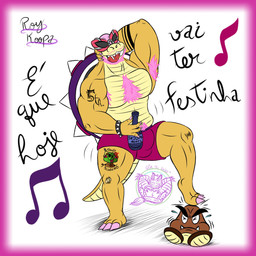 alcohol alcohol_bottle ambiguous_gender anthro arm_tattoo armband_tattoo armpit_hair band-aid band-aid_on_knee band-aid_on_leg bandage barefoot beard beverage beverage_bottle bodily_fluids body_hair border bottle bottomwear bracelet brand_parody bruised_knee bulge character_tattoo chest_hair claws clothed clothing container dancing detailed_bulge duo eyewear facial_hair fangs feet flying_sweatdrops hand_behind_neck holding_alcohol holding_bottle holding_container holding_object jewelry leg_tattoo logo lyrics male male_focus motion_lines musical_note musical_symbol number_tattoo pink_beard pink_body_hair pink_border pink_claws pink_facial_hair pink_head pink_pubes pink_toe_claws pubes purple_bottomwear purple_clothing purple_shell purple_shorts red_tongue shell shorts simple_background snaggle_teeth solo_focus spiked_bracelet spikes stepping_on_another sunglasses sweat sweatdrop symbol tattoo teeth text text_tattoo thigh_tattoo tongue tongue_out topless topless_anthro topless_male tremble_spikes wearing_sunglasses white_background yellow_body vektorthedrakat(artist) mario_bros nintendo skol super_mario_world yoshi_dancing_next_to_an_egg koopaling roy_koopa dragon_koopa goomba koopa reptile scalie turtle wiggler_(mario) 1:1 2021 artist_logo character_name colored digital_drawing_(artwork) digital_media_(artwork) english_text hi_res meme portuguese_description portuguese_text