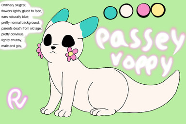 anthro black_eyes blue_ears flower fur green_background male mouth_closed pink_flowers plant simple_background sitting smile solo tail text white_body passey_voppy rain_world videocult passey mammal slugcat 3:2 digital_media_(artwork) english_text model_sheet